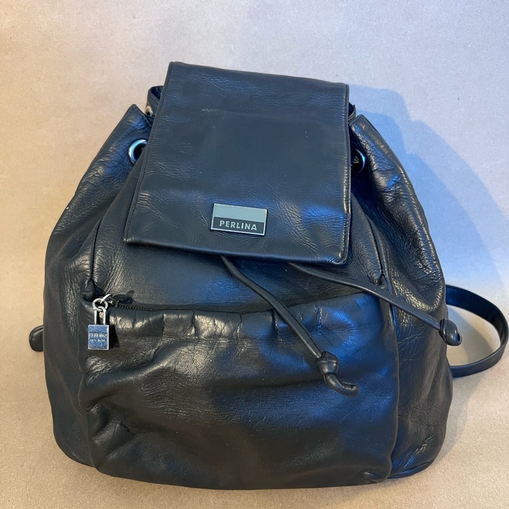 Perlina Ny Black Leather Drawstring Magnetic Flap Closure Backpack Backzip Entry